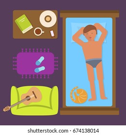 Sleeping man Isolated on bedroom interior background top view. Flat style vector illustration for infographic