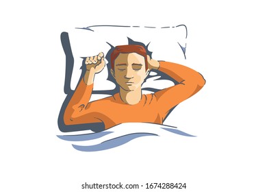 Sleeping man lying on pillow and dreaming at night vector illustration. Peaceful sleep of male person in bed at home cartoon design. Bedtime and sweet dreams concept