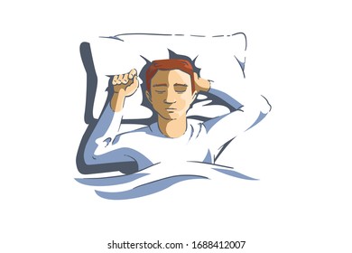 Sleeping Man Lying On Pillow And Dreaming At Night Vector Illustration. Peaceful Sleep Of Male Person In Bed At Home Cartoon Design. Bedtime And Sweet Dreams Concept