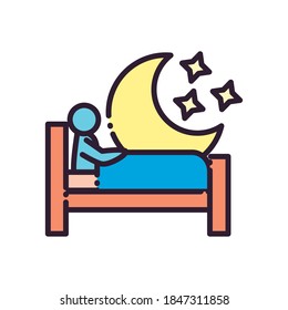 sleeping man on bed in front of moon line and fill style icon design, insomnia sleep and night theme Vector illustration