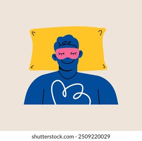 Hombre durmiente. Dormir sobre una almohada. Máscara de sueño. Ilustración vectorial colorida
