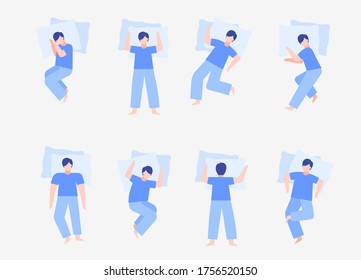 Sleeping man set poses. Relaxing guy body relaxing body comfortable posture back correct posture couch mattress relaxation vector spine bed clipart soft comfortable night sleep.