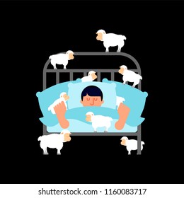 Sleeping man and sheep. Guy in bed asleep. sleeper male. Vector illustration
