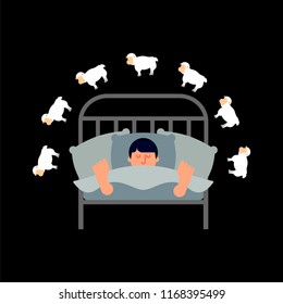 Sleeping man and sheep. Guy in bed asleep. sleeper male. Vector illustration
