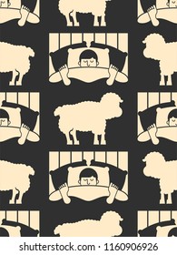 Sleeping man and sheep pattern seamless. Guy in bed asleep ornament. sleeper male background. Vector texture
