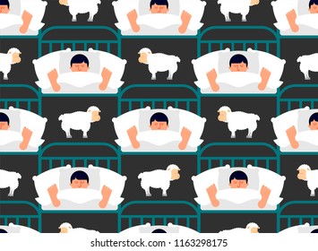 Sleeping man and sheep pattern seamless. Guy in bed asleep ornament. sleeper male background. Vector texture