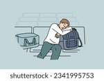 Sleeping man sits in lounge area at airport and waits for arrival of plane delayed due to bad weather. Tired guy airport passenger with bags and luggage waiting for flight and travel