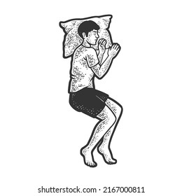 sleeping man sketch engraving vector illustration. T-shirt apparel print design. Scratch board imitation. Black and white hand drawn image.