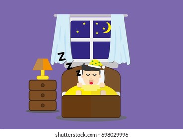 sleeping man sleep on bed happily at night. Flat vector.