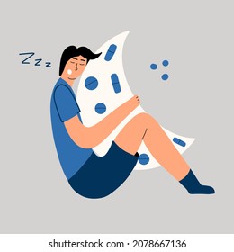 Sleeping man sleeps thanks to sleeping pills. Medical treatment with hypnotics. Vector illustration in flat style