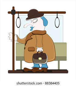 sleeping man with suitcase in transport
