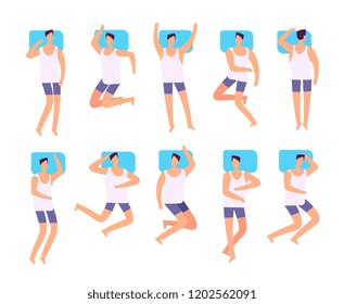 Sleeping man top view. Male sleeps in various postures with pillow in bed. Person sleep positioning vector set. Illustration of man sleeping positioning different