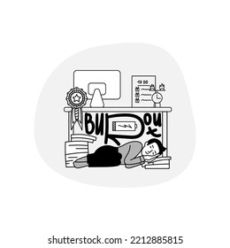 Hombre durmiendo bajo el escritorio en problemas de salud en el trabajo. Grabación de vectores en la oficina. Estrés del síndrome de ilustración en los negocios. Papel de personajes ensuciados al estilo doodle.