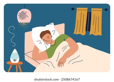 Homem adormecido ilustração vetor, cena plana de desenho animado de quarto acolhedor com umidificador no criado-mudo. O interior sereno da casa, luz noturna e cortinas, atmosfera relaxante, ambiente de sono saudável