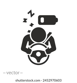 sleeping man the while driving icon, drowsy fatigued driver, tired or drowsy person on road, flat symbol on white background - vector illustration