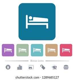 Sleeping man white flat icons on color rounded square backgrounds. 6 bonus icons included