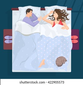 Sleeping man and woman in bed at night near window. Couple together. 