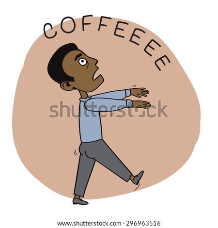 Sleeping man-zombie going for coffee. Hand drawn vector illustration.