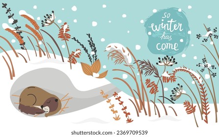 Sleeping marmot under snowy meadow grass.Winter background with dry plants,wild animal,lettering and snowfall.Horizontal banner with landscape.Print on fabric and paper.Vector flat illustration.