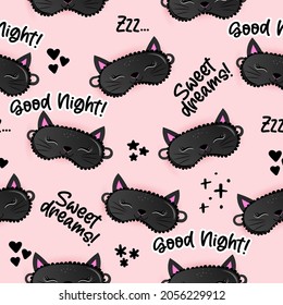 Sleeping mask black cat lashes pattern with good night, sweet dreams and zzz... text - funny doodle, seamless pattern. sleeping mask, stars, hearts. Cartoon background, texture for bedsheets, pajamas.