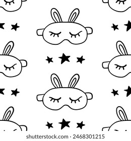 Sleeping mask with bunny ears seamless pattern, scandinavian hand drawn nursery background texture. Vector illustration, vintage retro minimal style.