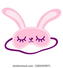 Sleeping mask with a bunny face. Nightwear elements for resting and relaxation. Symbol of pajama party. Night accessory to sleep, travel and recreation.  Cartoon Vector illustration isolated