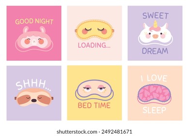 Sleeping mask cards. Simple posters for bedtime with sleeping masks and text. Good night prints, unicorn sloth sheep cute faces racy vector design