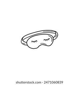 Sleeping mask with closed eyes drawn in black isolated on white background. Hand drawn vector sketch illustration in doodle engraved line art vintage style. Concept of sun protection, dark sleep.