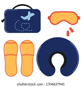 Sleeping mask, earplugs, disposable slippers, travel neck pillow, bag organizer vector icon set isolated on white background. Flat design orange, blue sleeping accessories support sleepy traveler kit.