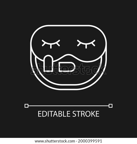 Sleeping mask and earplugs white linear icon for dark theme. Portable amenities for airplane. Thin line customizable illustration. Isolated vector contour symbol for night mode. Editable stroke