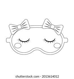 sleeping mask girl with bows, black outline, isolated vector illustration