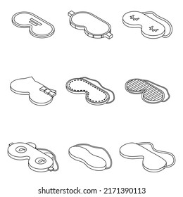 Sleeping mask icons set. Isometric set of sleeping mask vector icons outline isolated on white background