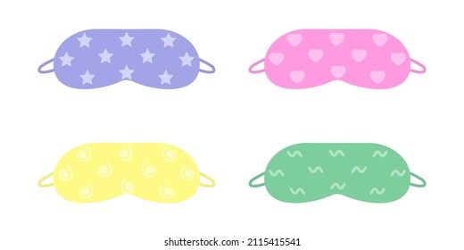 Sleeping mask isolated on white background. Set of masks for sleep. Eyes protection clip arts with stars, hearts, spirals, waves. Cartoon vector illustration