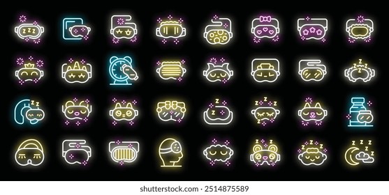 Sleeping mask neon icons set vector. Collection of neon sleeping mask, blindfold for sleeping, comfortable bed accessory illustrations