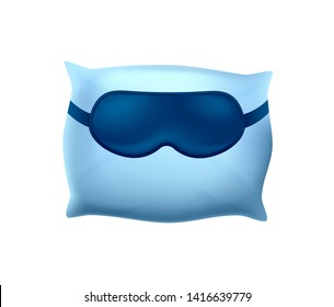 Sleeping Mask on Blue Pillow on White Background. Cotton Pillowcase. Orthopedic Pillow 3D Image. Healthy Sleep. Sweet Dreams. Advertising Image. Anatomical Form. Vector Illustration.