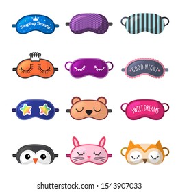 Sleeping mask. Rest clothes for girl face, closed eyes sleepover masks vector collection