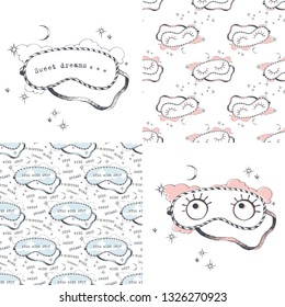 Sleeping mask and seamless patterns. Vector illustration set.