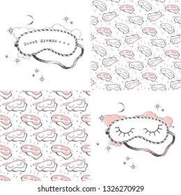 Sleeping mask and seamless patterns. Vector illustration set.