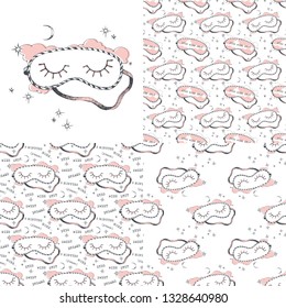Sleeping mask and seamless patterns. Vector illustration set.
