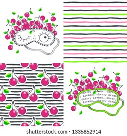 Sleeping mask and seamless patterns. Vector illustration set.