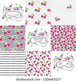 Sleeping mask and seamless patterns. Vector illustration set.