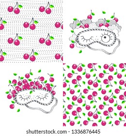 Sleeping mask and seamless patterns. Vector illustration set.