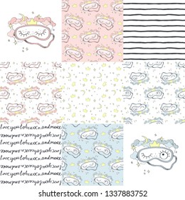 Sleeping mask and seamless patterns. Vector illustration set.