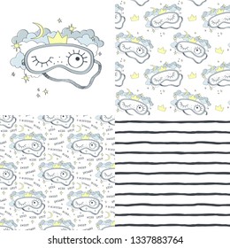 Sleeping mask and seamless patterns. Vector illustration set.