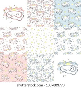 Sleeping mask and seamless patterns. Vector illustration set.