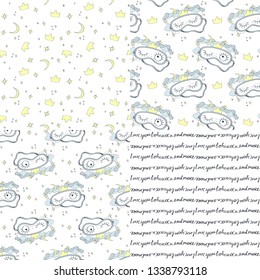 Sleeping mask and seamless patterns. Vector illustration set.