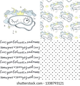 Sleeping mask and seamless patterns. Vector illustration set.