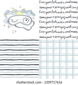 Sleeping mask and seamless patterns. Vector illustration set.
