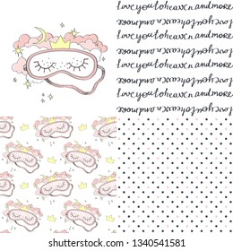 Sleeping mask and seamless patterns. Vector illustration set.