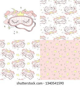 Sleeping mask and seamless patterns. Vector illustration set.